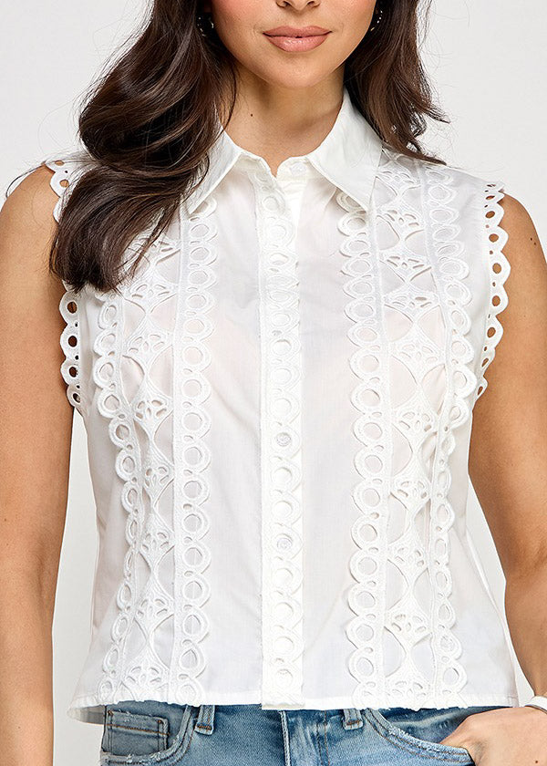 SLVLS LACE TRIM BUTTON DOWN SHIRT TOP | BLANCA