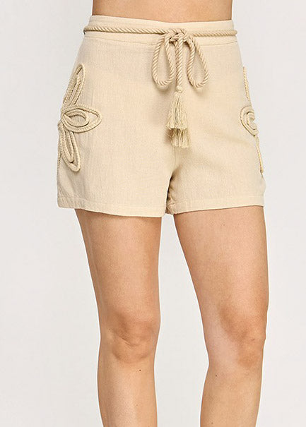 BELTED CUT OUT PATCHED SHORTS