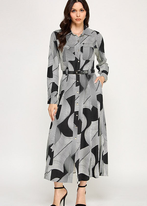 LSLV ABSTRACT BUTTON DOWN DRESS W/ BELT DETAIL