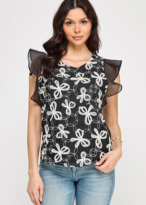 RUFFLE SLV TOP W/ CONTRAST DETAIL | BLACK