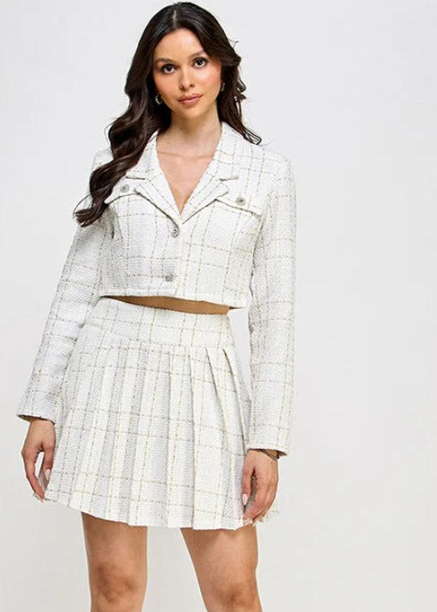 TWEED LSLV CROP BLAZER W/PLEATS SKIRT SET
