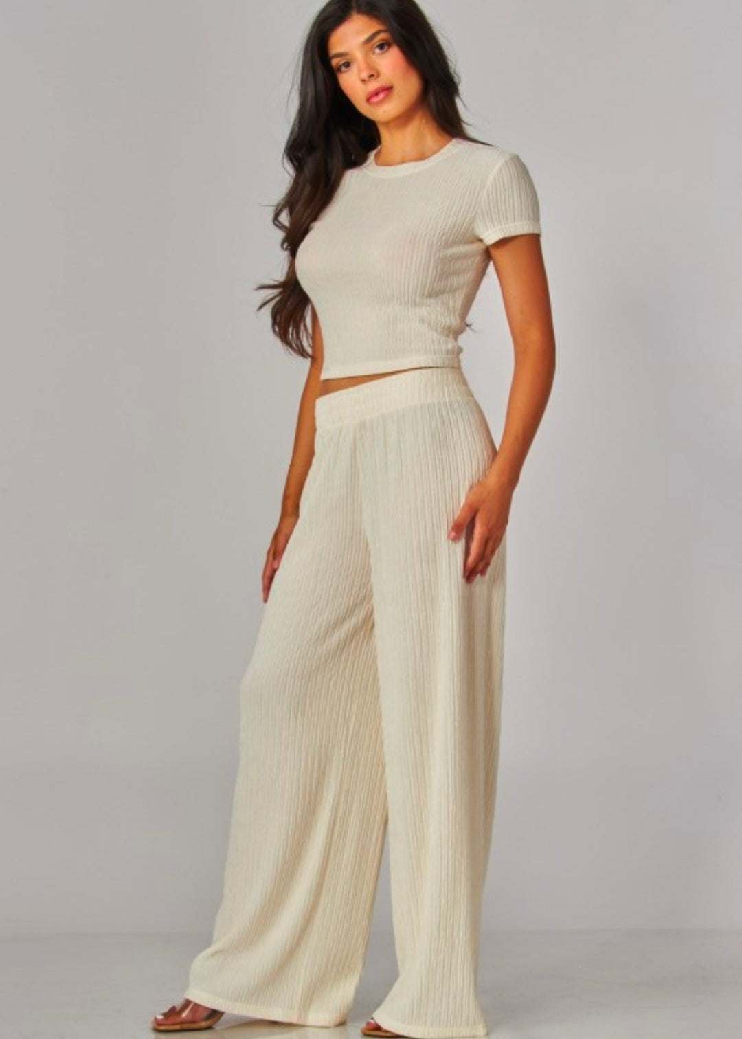 Color Off White | Crinkle Plisse Short Sleeve Loungewear Set