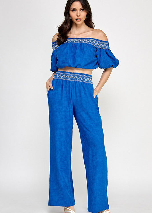 OFF SHOULDER SMOCKED EMBROIDERY SET