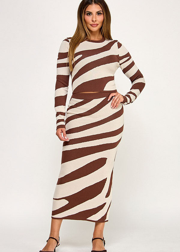 HIGH NECK LSLV ZEBRA TOP W/ SKIRT SET