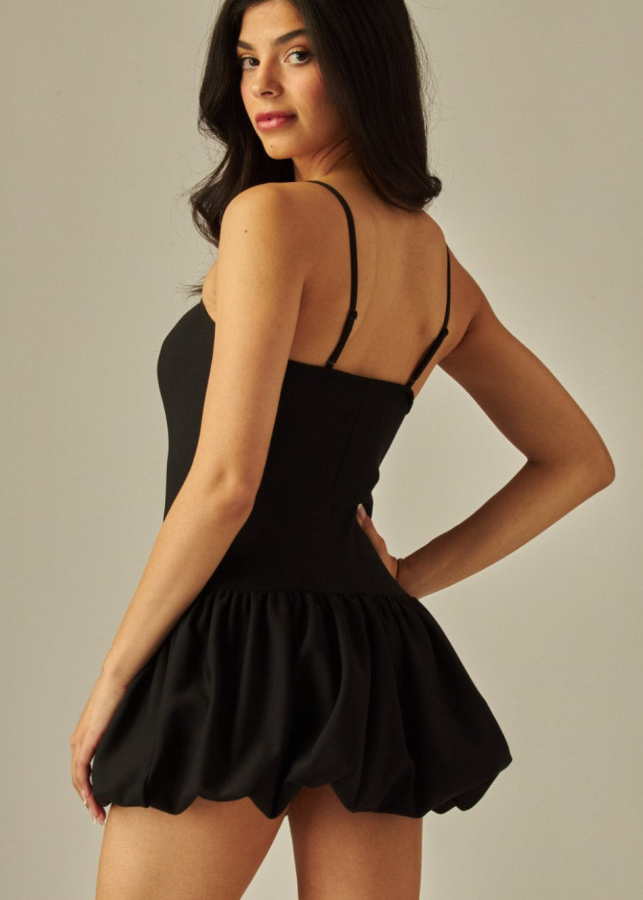 Sleeveless Balloon Skirt Mini Dress w Thin Straps | Color Negro