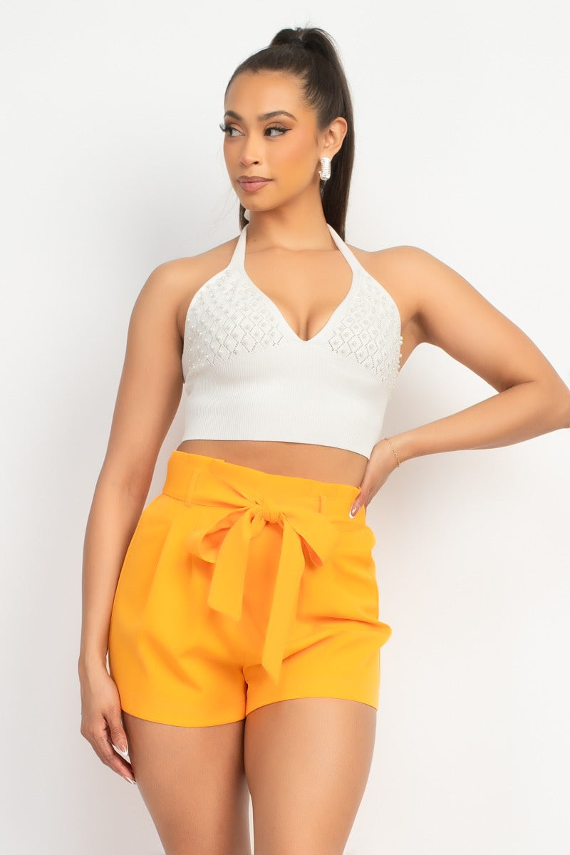 PEARL TRIM HALTER SWEATER