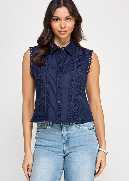 SLVLS LACE TRIM BUTTON DOWN SHIRT TOP | AZUL