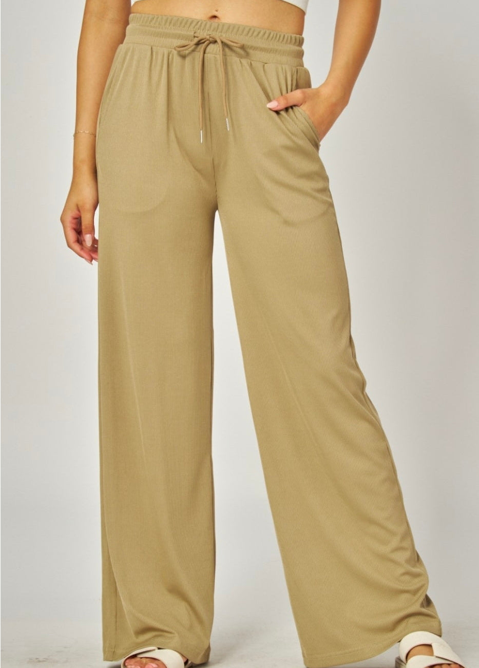OLIVE Grove | Stretchy Ribbed Drawstring Pocket Wide Leg Pants