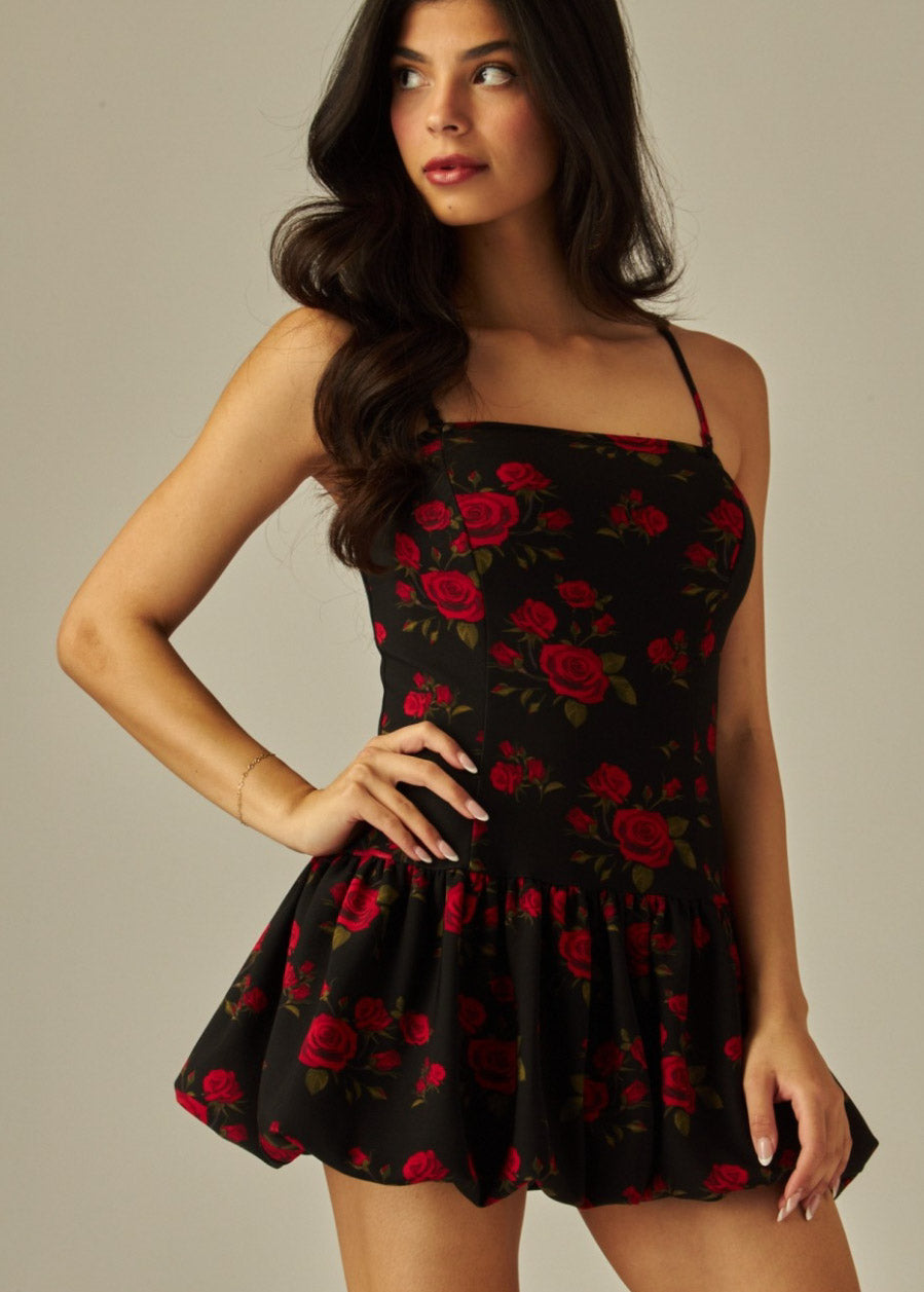 Printed Sleeveless Balloon Skirt Mini Dress w Thin Straps
