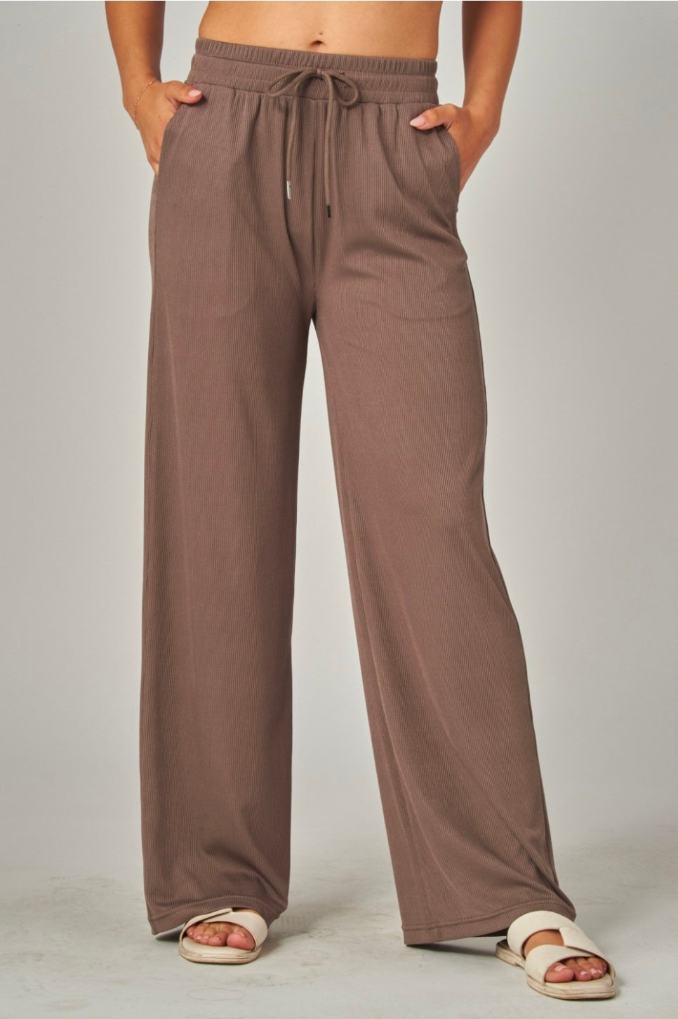 Color Cofee Bean | Stretchy Ribbed Drawstring Pocket Wide Leg Pants (copia)