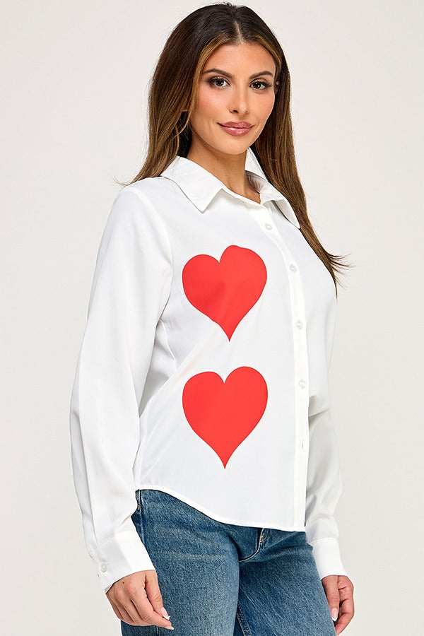 LSLV BUTTON DOWN TOP W/ HEART PRINT