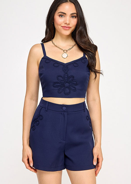 TRIM DETAIL SLVLS TOP W/ SHORT PANTS SET | NAVY COLOR