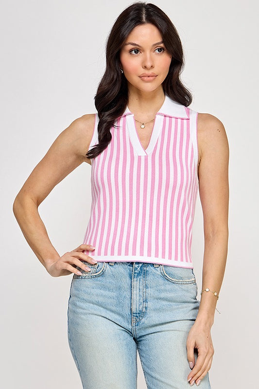 Stripe sleeveless cropped sweater top