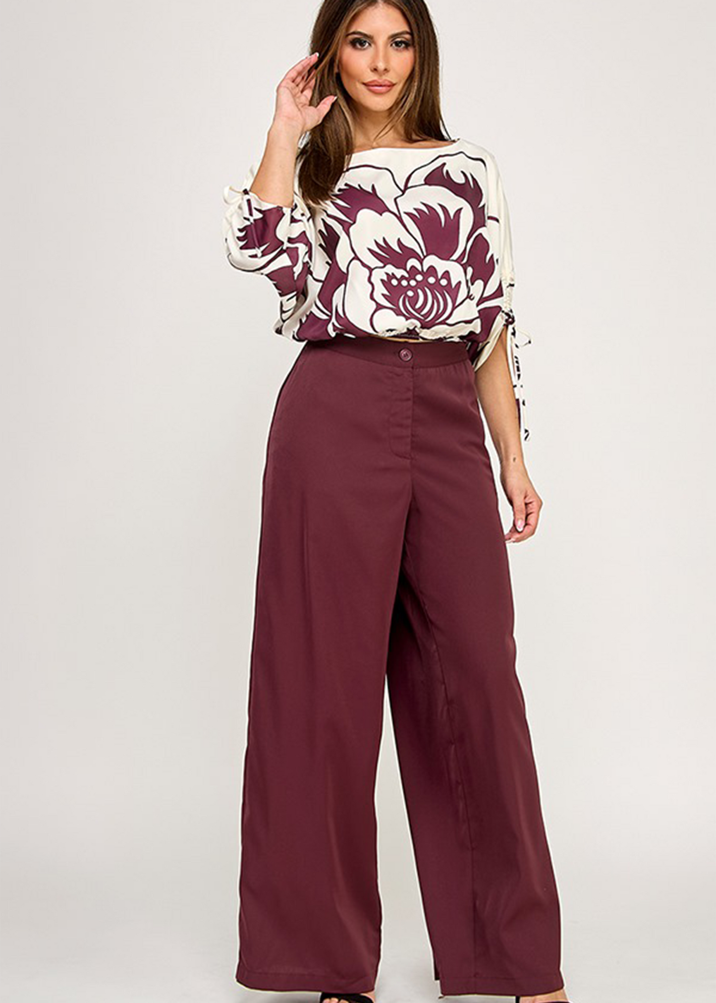 PRINTED 3/4 DOLMAN SLV TOP AND WIDE LEG PANT SET