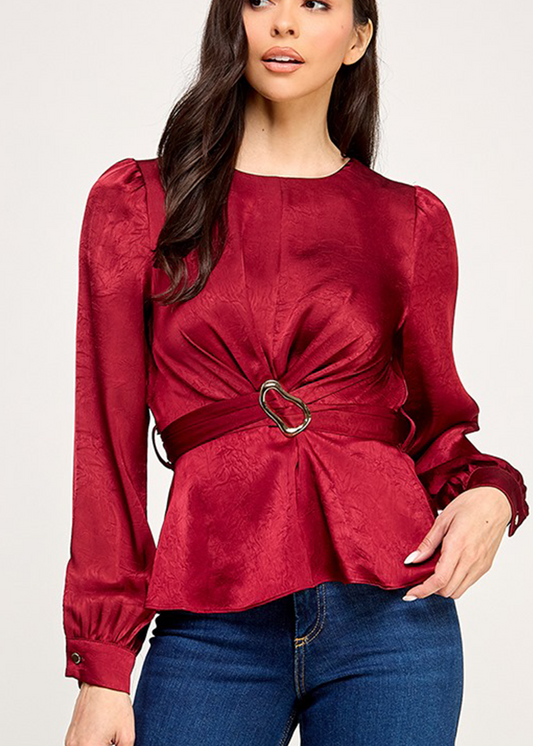 LSLV PEPLUM TWIST FRONT TOP W/ WAIST BUCKLE TRIM | RED
