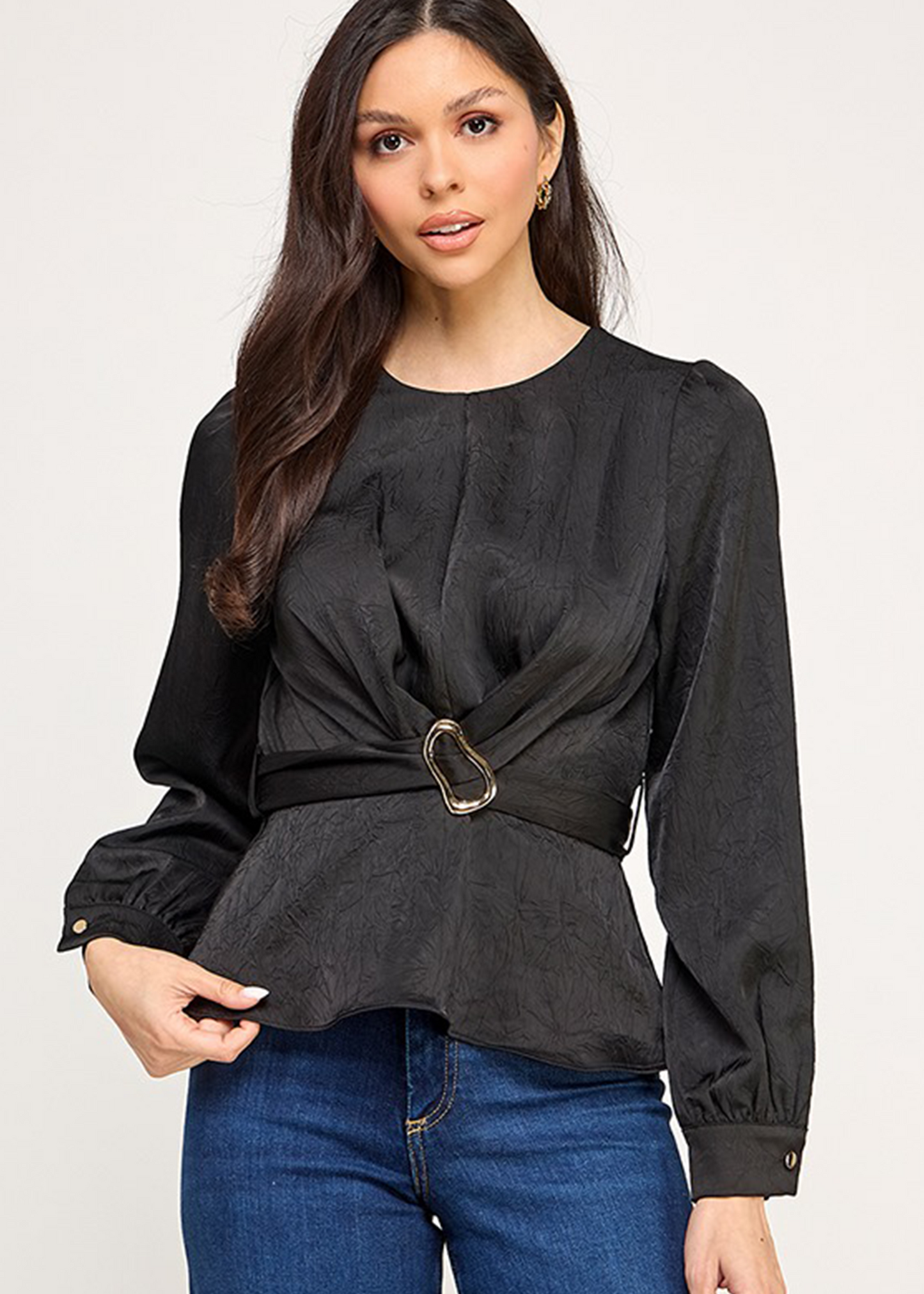 LSLV PEPLUM TWIST FRONT TOP W/ WAIST BUCKLE TRIM