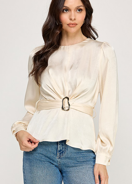 LSLV PEPLUM TWIST FRONT TOP W/ WAIST BUCKLE TRIM | WHITE