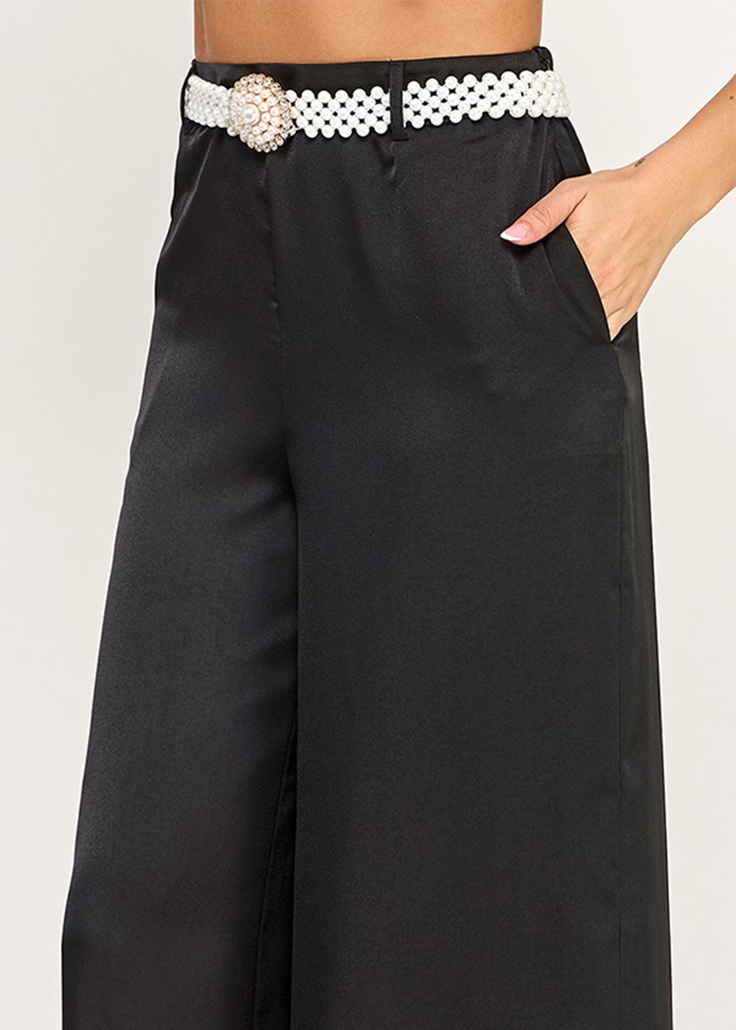 WIDE LEG SATIN PANTS W/ PEARL GOLD BUCKLE BELT