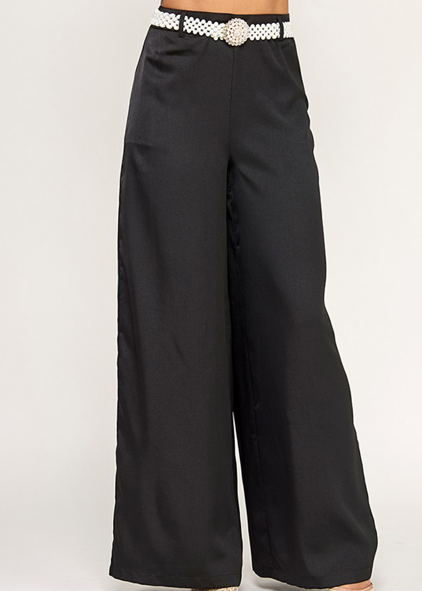 WIDE LEG SATIN PANTS W/ PEARL GOLD BUCKLE BELT