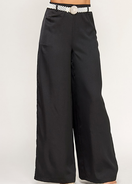 WIDE LEG SATIN PANTS W/ PEARL GOLD BUCKLE BELT