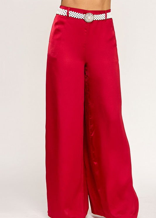 WIDE LEG SATIN PANTS W/ PEARL GOLD BUCKLE BELT | RED