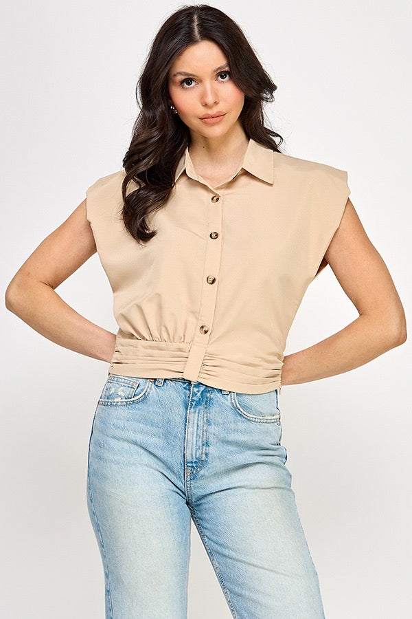 Power shoulder top W/ draped waist band