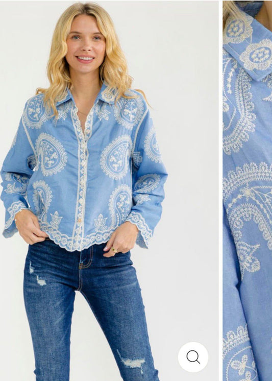 WOMAN’S LONG SLEEVE BUTTON UP EMBROIDERY BLOUSE
