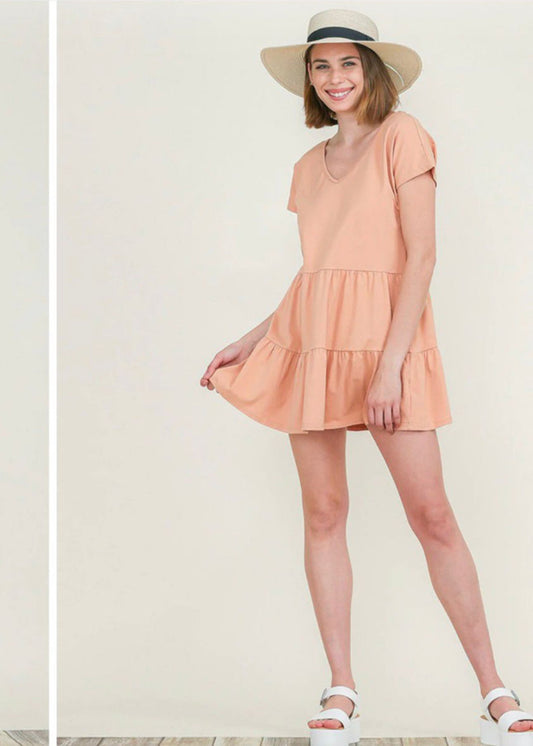 Women short sleeve V neck tiered tunic mini dress l