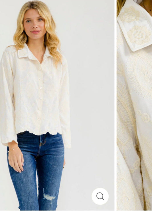 Women’s long sleeve button up embroidery blouse