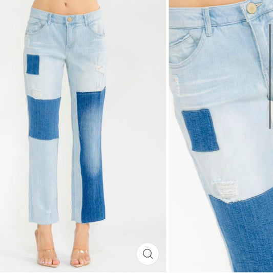 WOMEN’S BUTTON CLOSURE POCKETS STRAIGTH LEG TWO TONE STRETCH DENIM PANTS