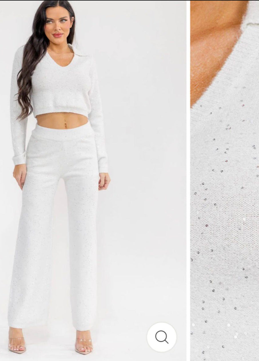 Women’s long sleeve crop sweater and elastic waist, pan, Fussy, sequins two pieces