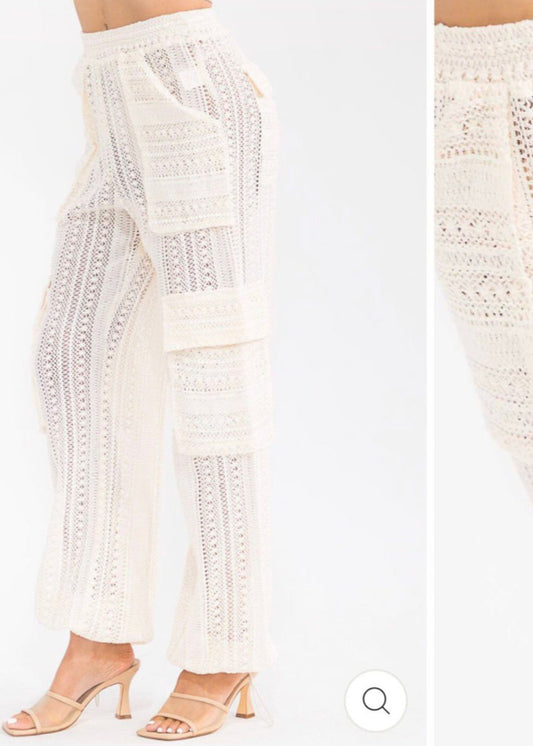 Woman’ elastic waist cargo pockets crochet jogger leg pants