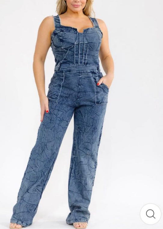PLUS SIZE SLEEVELESS POCKESTS STRAIGHT LEG STRETCH DENIM WASHED JUMPSUIT