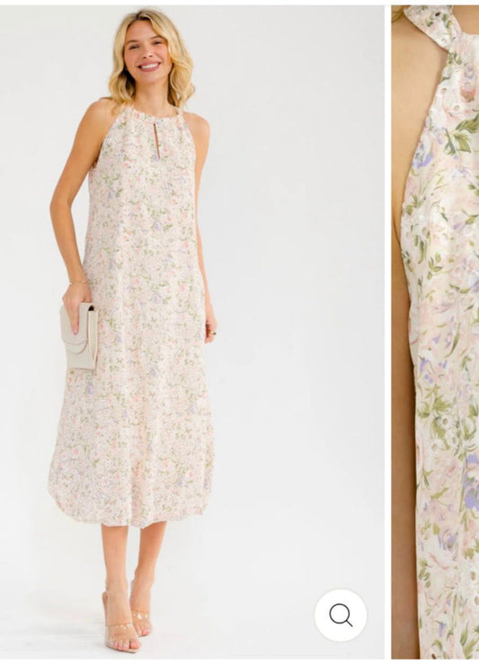 Women’s sleeveless front pockets floral embroidery maxi dress