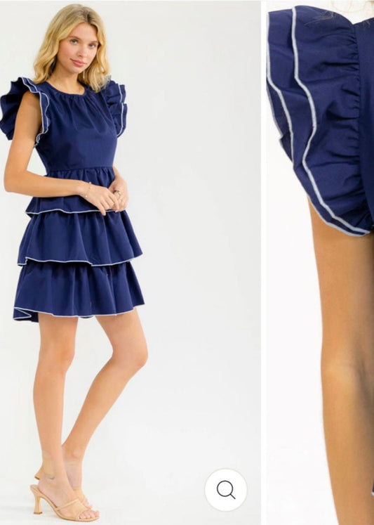 Women’s short ruffle sleeve tiered fit & flare mini dress