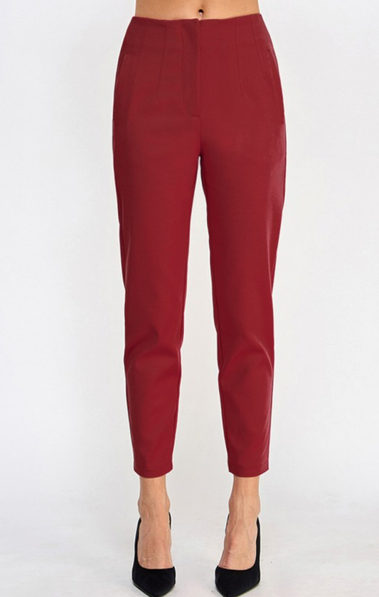 HIGH WAIST CIGARETTE PANTS W/ SEAM DETAIL| Color WINE