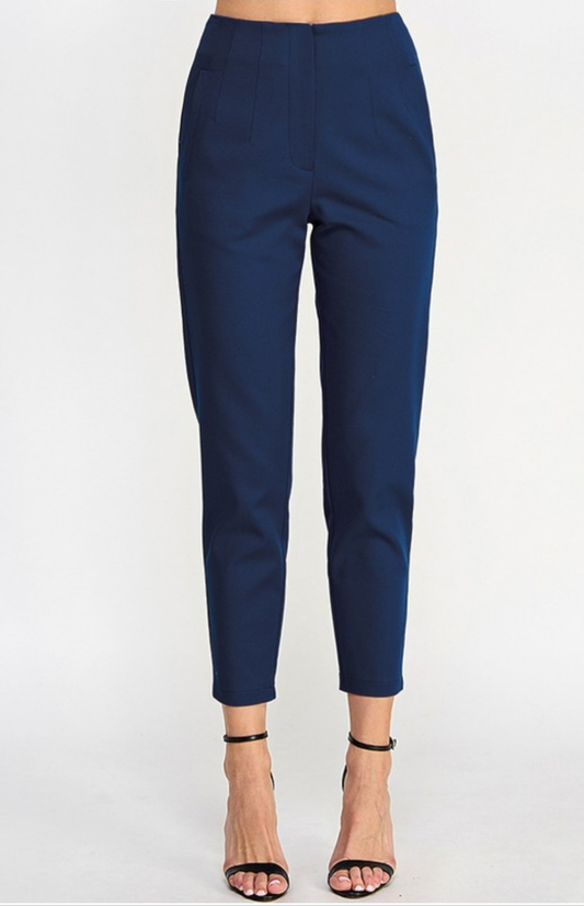 HIGH WAIST CIGARETTE PANTS W/ SEAM DETAIL| Color NAVY