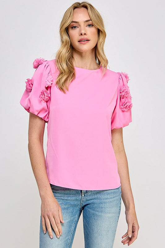 PUFF SLV W/ FLOWER APPLIQUE TOP