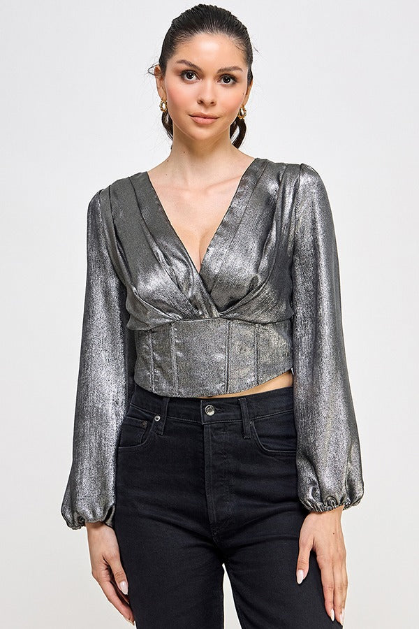 METAL TEXTURED LSLV CORSET TOP | SILVER