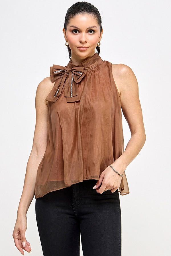 SEQUIN APPLIQUE BOW TIE NECK DETAIL SLVLS TOP