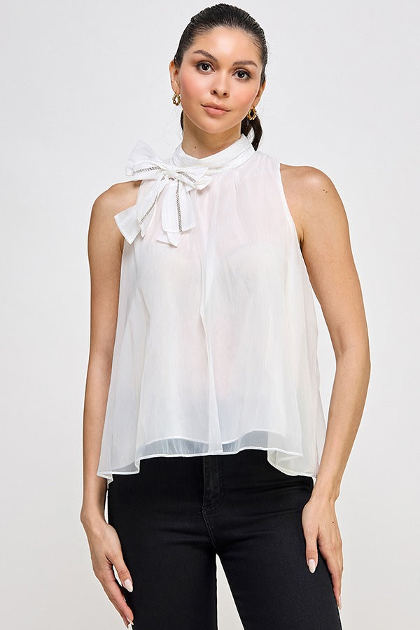 SEQUIN APPLIQUE BOW TIE NECK DETAIL SLVLS TOP | OFF WHITE