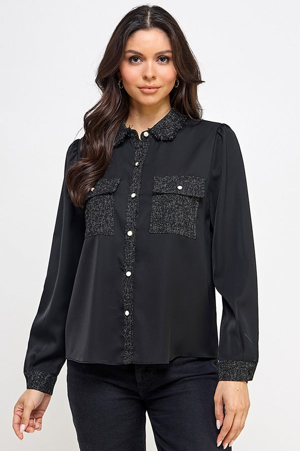 LSLV BUTTON DOWN TOP W/ BOUCLE CONTRAST