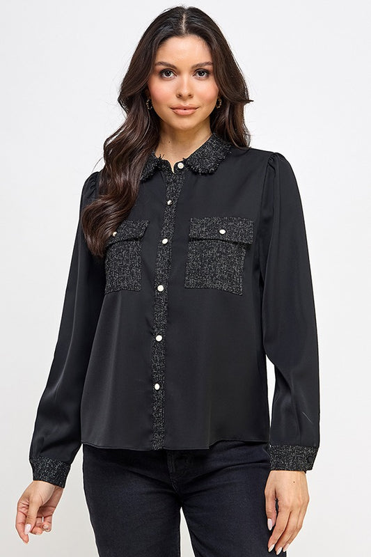 LSLV BUTTON DOWN TOP W/ BOUCLE CONTRAST