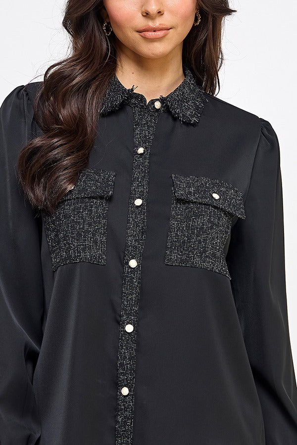 LSLV BUTTON DOWN TOP W/ BOUCLE CONTRAST