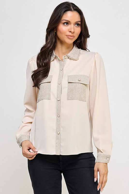 LSLV BUTTON DOWN TOP W/ BOUCLE CONTRAST