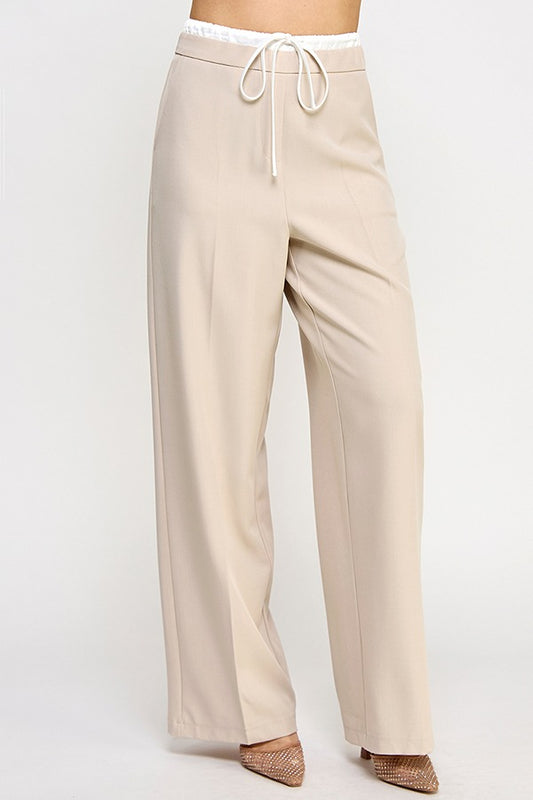 ADJUSTABLE ELASTIC DRAW STRING WAIST DETAIL PANTS |Taupe