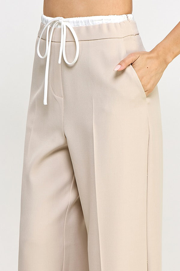 ADJUSTABLE ELASTIC DRAW STRING WAIST DETAIL PANTS |Taupe