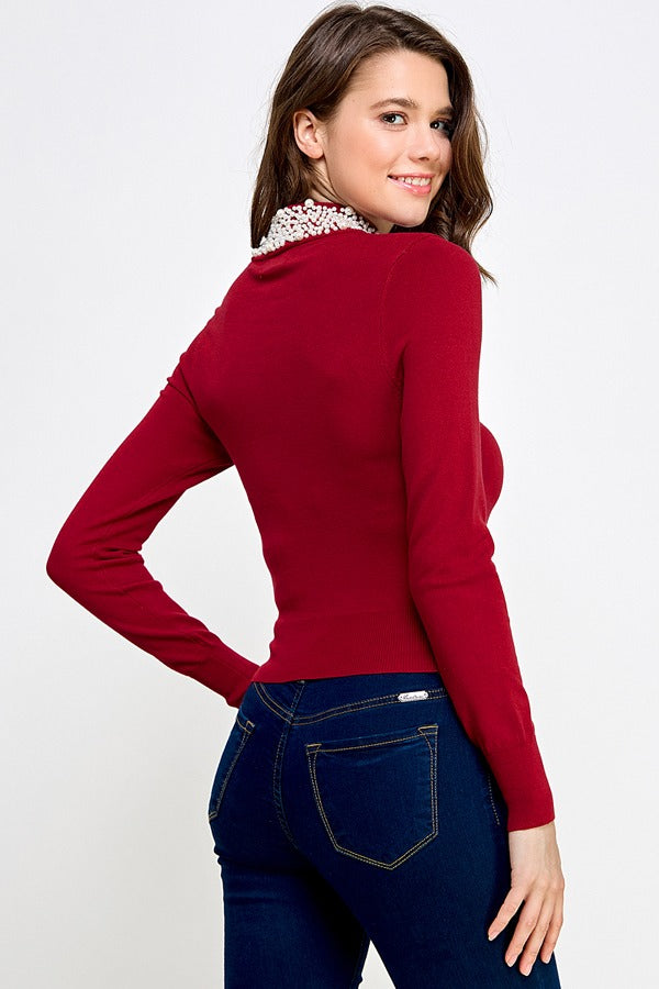 LSLV SWEATER TOP W/ PEARL DETAIL | WINE