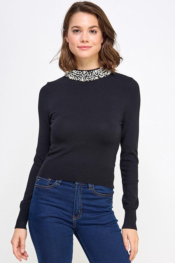 LSLV SWEATER TOP W/ PEARL DETAIL | BLACK