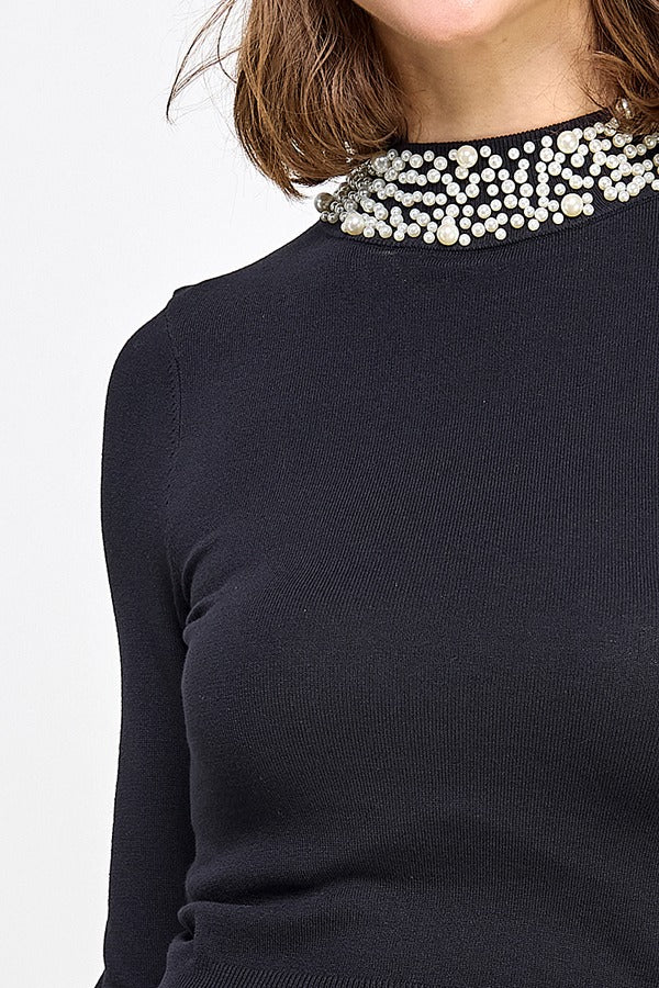 LSLV SWEATER TOP W/ PEARL DETAIL | BLACK